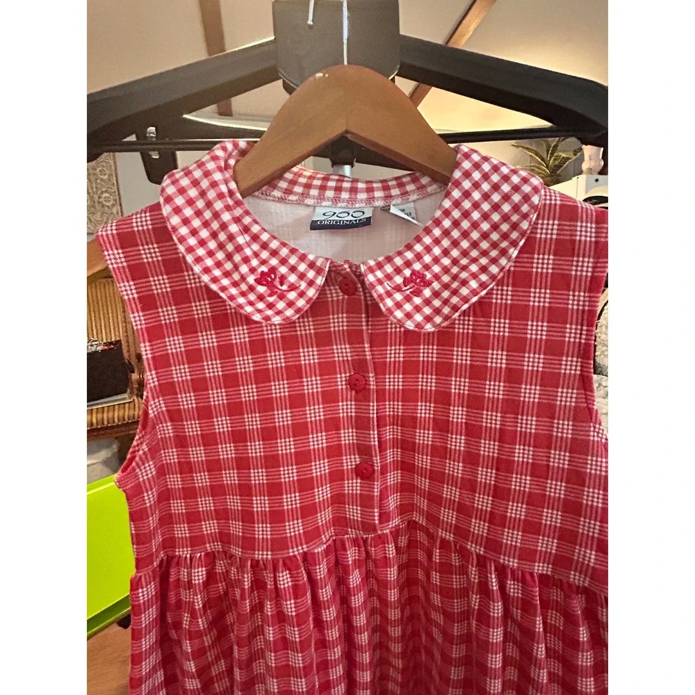 955 Originals Girls Red Gingham Plaid Peter Pan Collar Dress Size Medium M Vtg